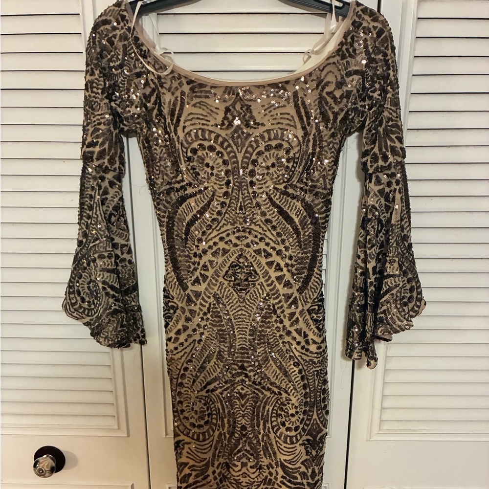 Betsy & Adam Bronze Sequin Off-Shoulder Dress